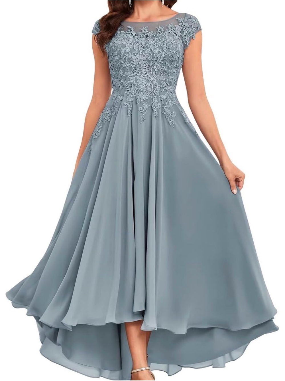 Cap-Sleeve Lace Bodice High-Low Dress in Dusty Blue Corset Back!
